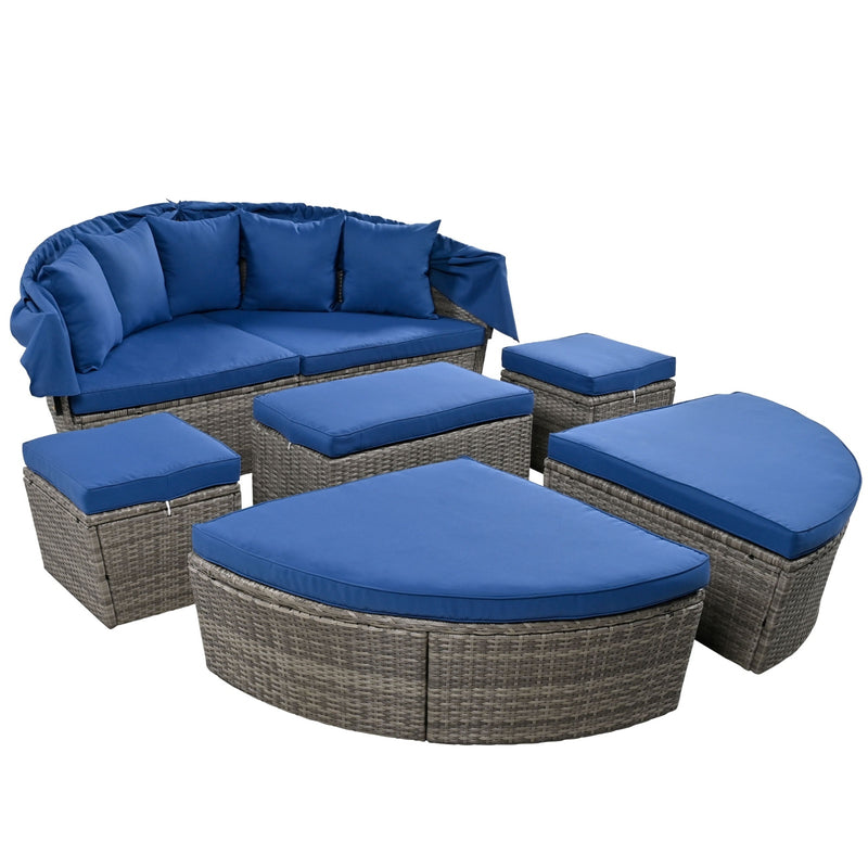 GO Outdoor Rattan Daybed Sunbed With Retractable Canopy Wicker Furniture,