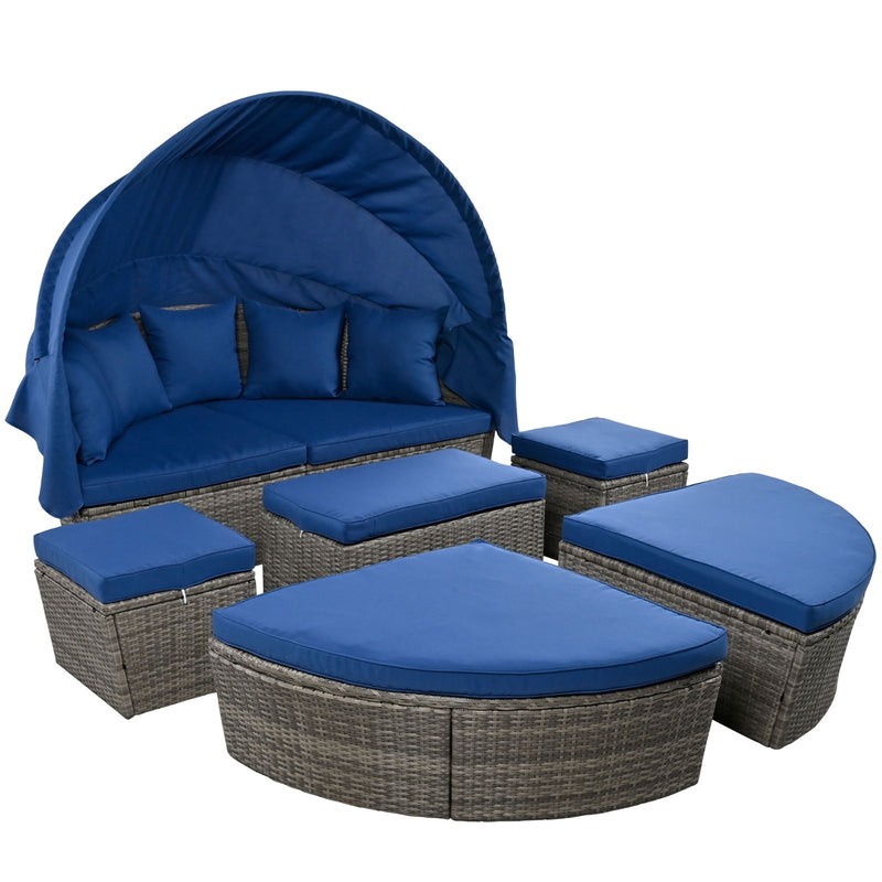 GO Outdoor Rattan Daybed Sunbed With Retractable Canopy Wicker Furniture,