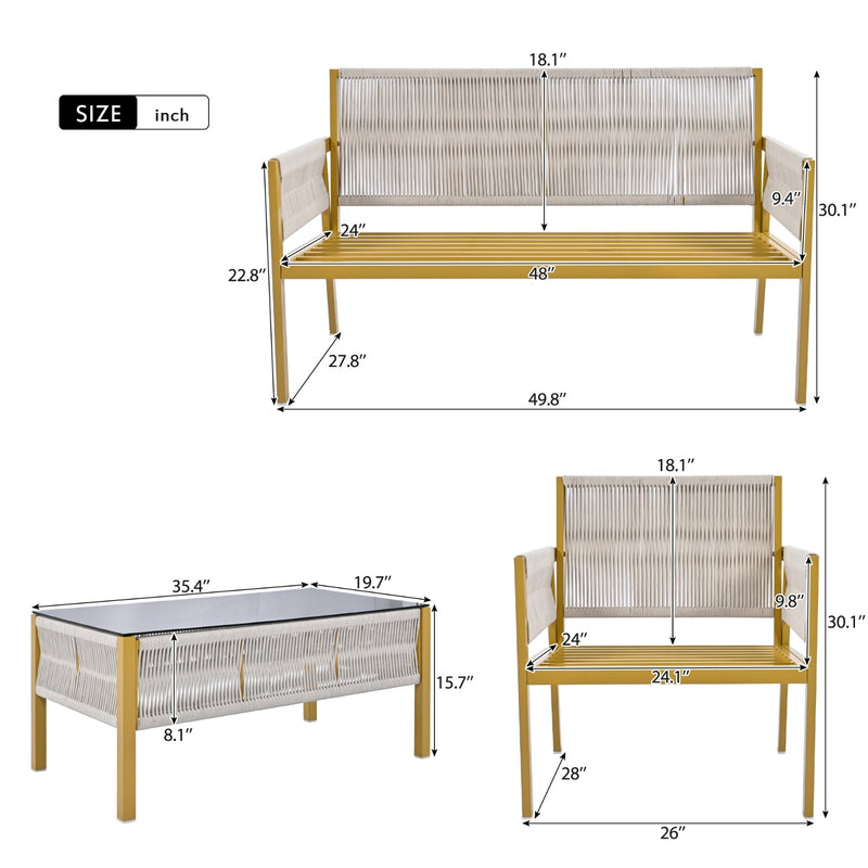 K&K 4-Piece Rope Patio Furniture Set, Outdoor Furniture With Tempered Glass Table,