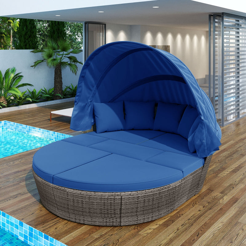 GO Outdoor Rattan Daybed Sunbed With Retractable Canopy Wicker Furniture,