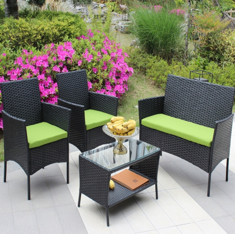 4PC Rattan Patio Furniture Set Outdoor Wicker Sofa W  Green Cushions