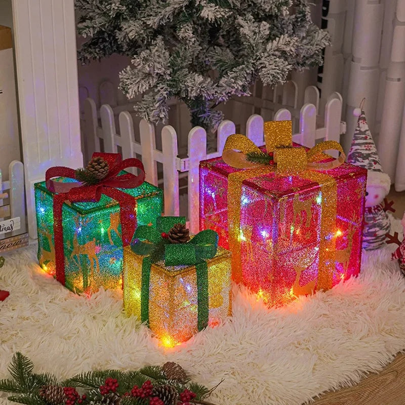 3PCS Christmas Gift Box Christmas Decor Luminous Bow Holiday For Lighted Up Christmas