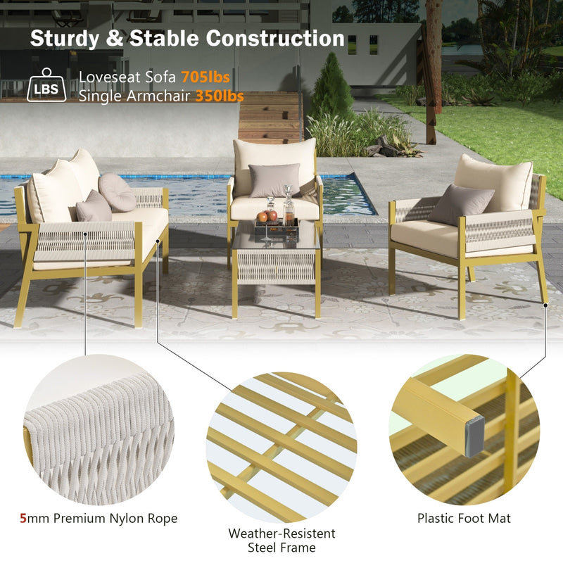 K&K 4-Piece Rope Patio Furniture Set, Outdoor Furniture With Tempered Glass Table,