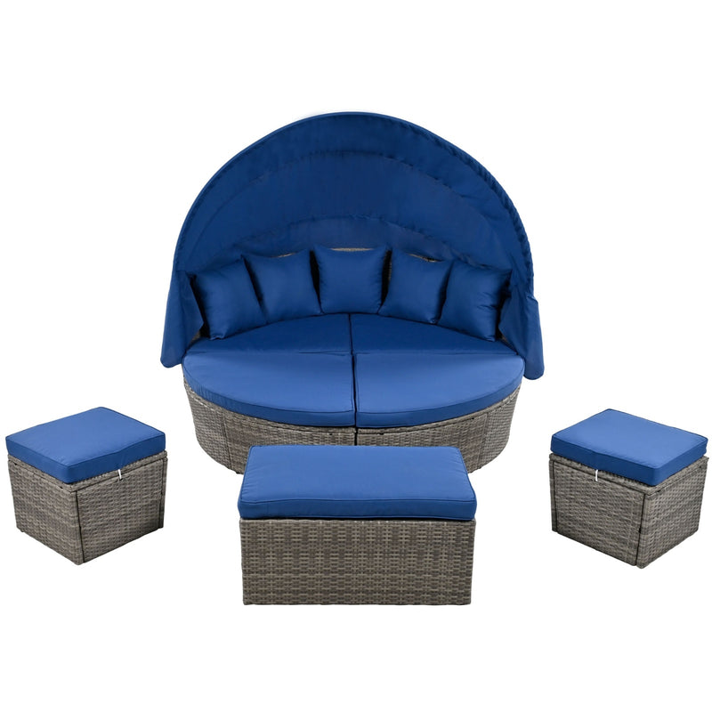 GO Outdoor Rattan Daybed Sunbed With Retractable Canopy Wicker Furniture,